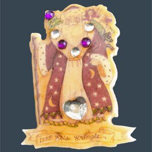 Kris Kringle Christmas Pin Brooch Vtg signed Bejeweled Handcrafted Copper Resin